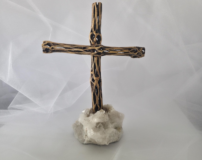 Handmade Cholla Cactus Wood Cross on Natural crystal Base – Desert Inspired Religious Art
