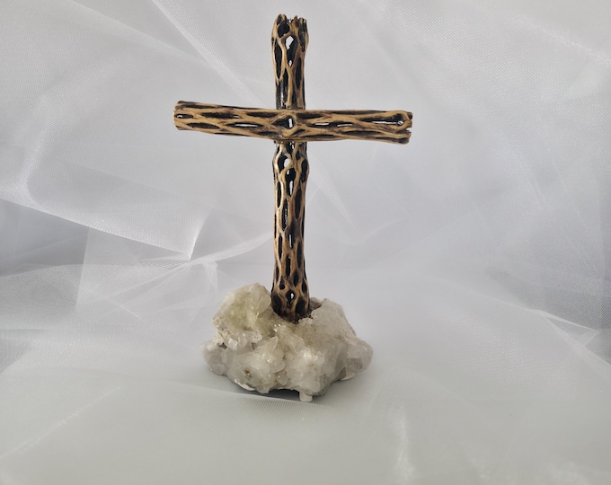 Handmade Cholla Cactus Wood Cross on Natural crystal Base – Desert Inspired Religious Art