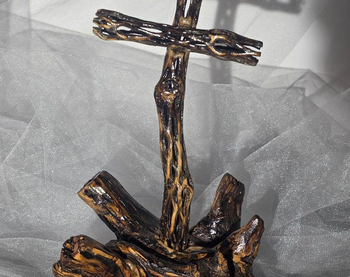Handmade Cholla Cactus Wood Cross on Natural Cholla Root Base – Desert Inspired Religious Art
