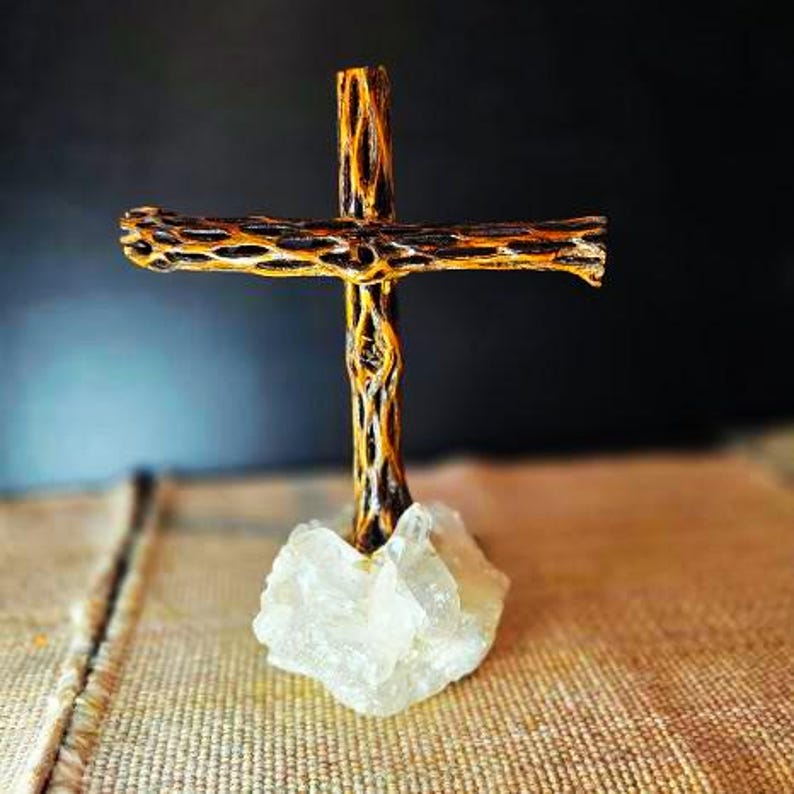 Handmade Cholla Cactus Wood Cross on Natural Crystal Base – Desert ...