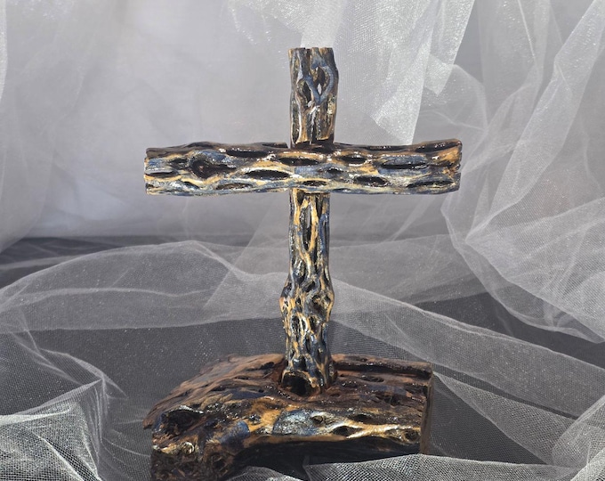 Handmade Cholla Cactus Wood Cross on Natural Cholla Root Base – Desert Inspired Religious Art