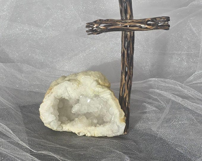 Handmade Cholla Cactus Wood Cross on Natural crystal Base – Desert Inspired Religious Art