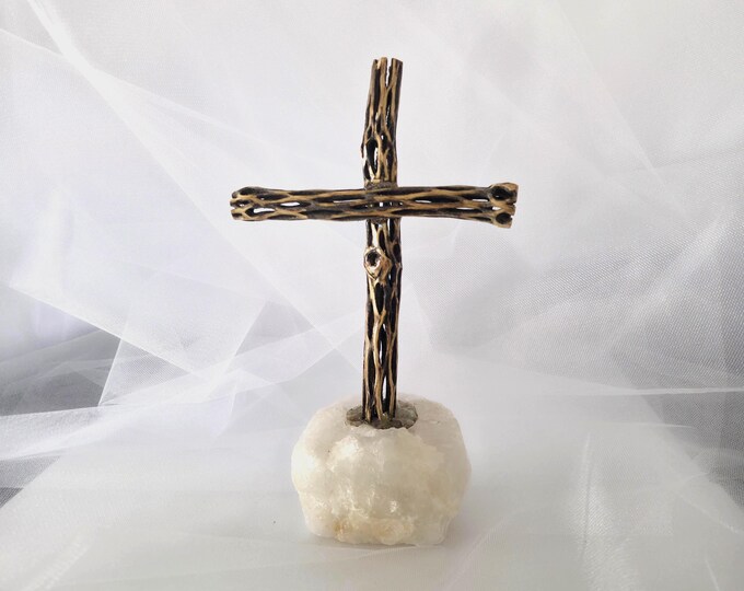 Handmade Cholla Cactus Wood Cross on Natural crystal Base – Desert Inspired Religious Art