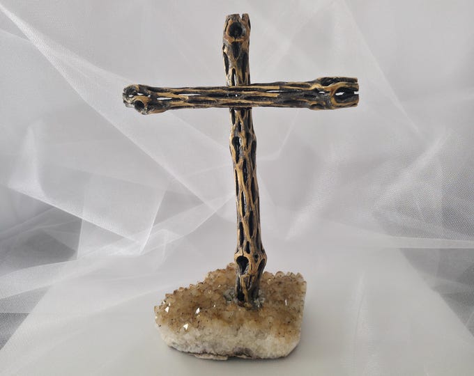 Featured listing image: Handmade Cholla Cactus Wood Cross on Natural crystal Base – Desert Inspired Religious Art