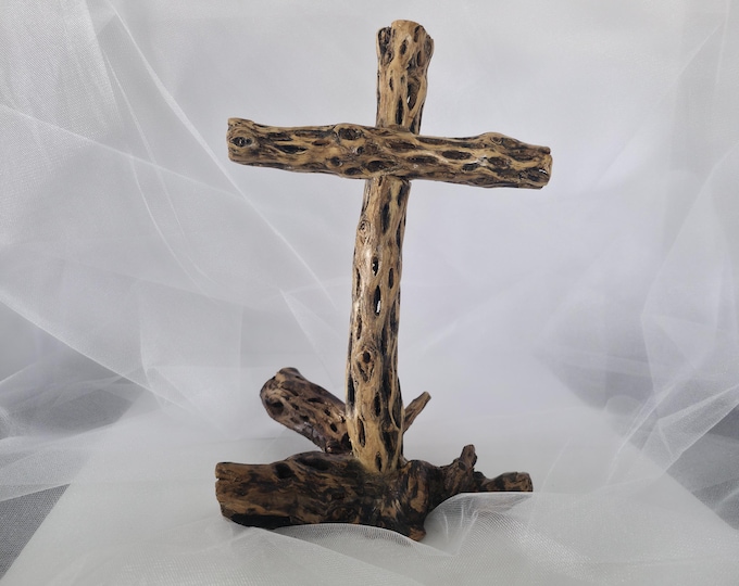 Handmade Cholla Cactus Wood Cross on Natural Cholla Root Base – Desert Inspired Religious Art