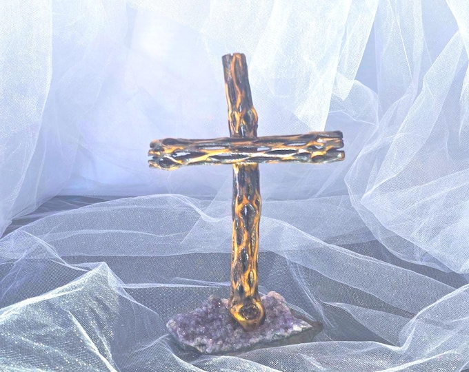 Handmade Cholla Cactus Wood Cross on Natural crystal Base – Desert Inspired Religious Art
