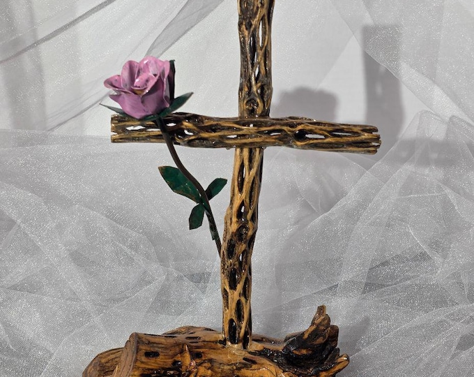 Handmade Cholla Cactus Wood Cross on Natural Cholla Root Base – Desert Inspired Religious Art