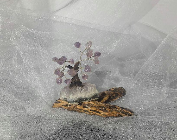 Handmade Bonsai Tree with crystals on a Natural Cholla Root Base – Desert Inspired Religious Art.