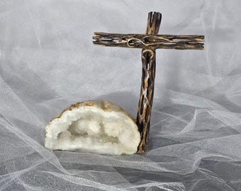 Handmade Cholla Cactus Wood Cross on Natural crystal Base – Desert Inspired Religious Art