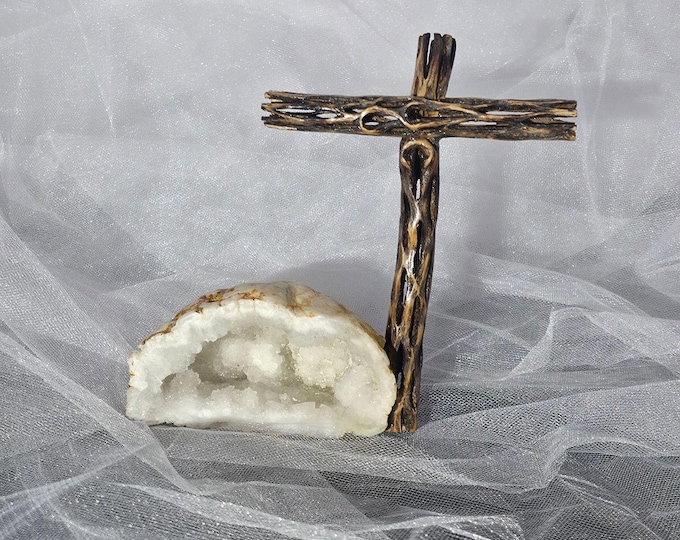 Handmade Cholla Cactus Wood Cross on Natural crystal Base – Desert Inspired Religious Art