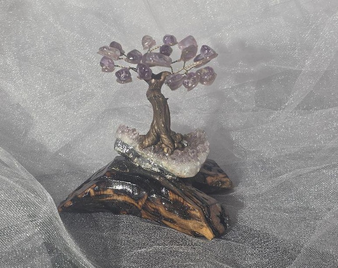 Handmade Bonsai Tree with crystals on a Natural Cholla Root Base – Desert Inspired Religious Art.