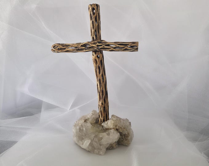 Handmade Cholla Cactus Wood Cross on Natural crystal Base – Desert Inspired Religious Art