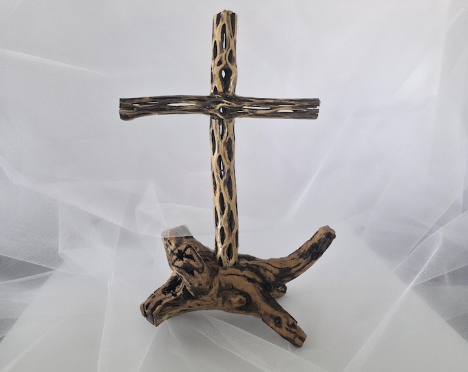 Handmade Cholla Cactus Wood Cross on Natural Cholla Root Base – Desert Inspired Religious Art