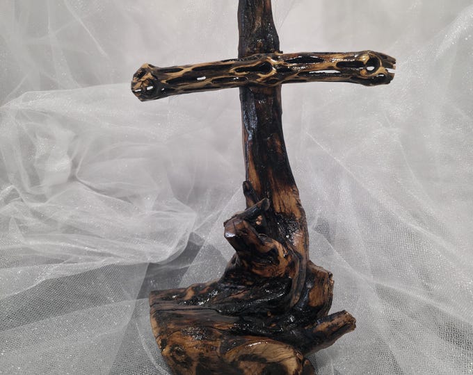 Featured listing image: Handmade Cholla Cactus Wood Cross on Natural Cholla Root Base – Desert Inspired Religious Art