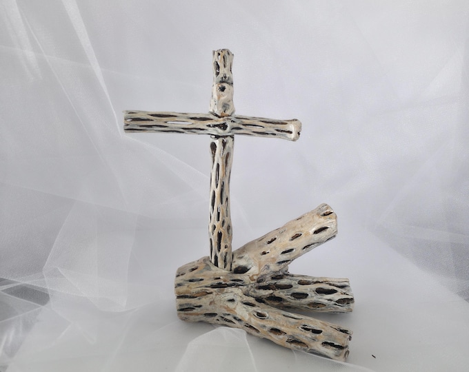 Handmade Cholla Cactus Wood Cross on Natural crystal Base – Desert Inspired Religious Art