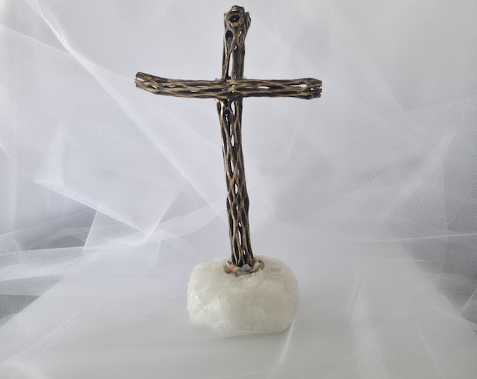 Handmade Cholla Cactus Wood Cross on Natural crystal Base – Desert Inspired Religious Art
