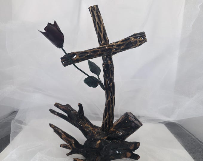 Featured listing image: Handmade Cholla Cactus Wood Cross on Natural Cholla Root Base – Desert Inspired Religious Art