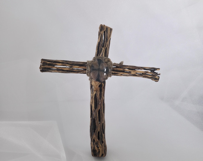 Handmade Cholla Cactus Wood Cross on Natural Cholla Root Base – Desert Inspired Religious Art
