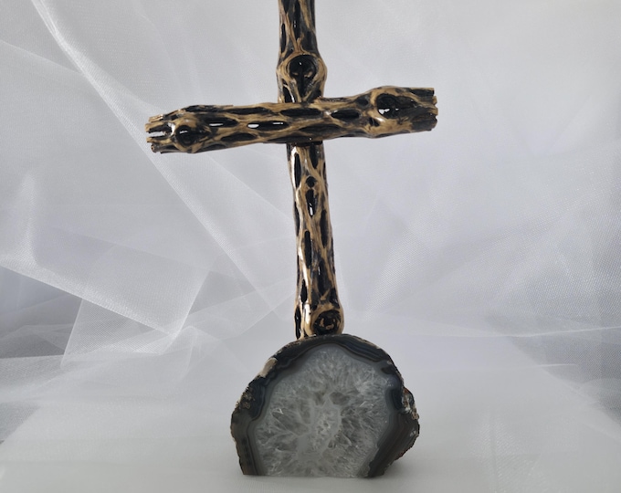 Handmade Cholla Cactus Wood Cross on Natural crystal Base – Desert Inspired Religious Art