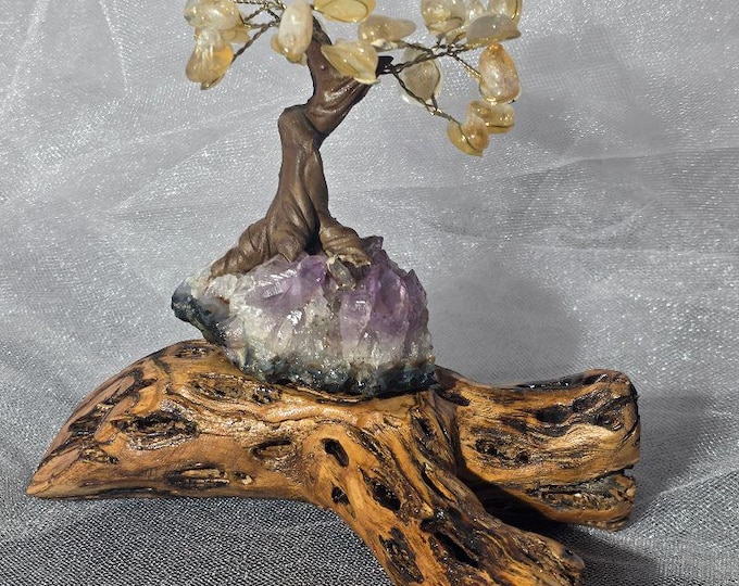 Handmade Bonsai Tree with crystals on a Natural Cholla Root Base – Desert Inspired Religious Art.