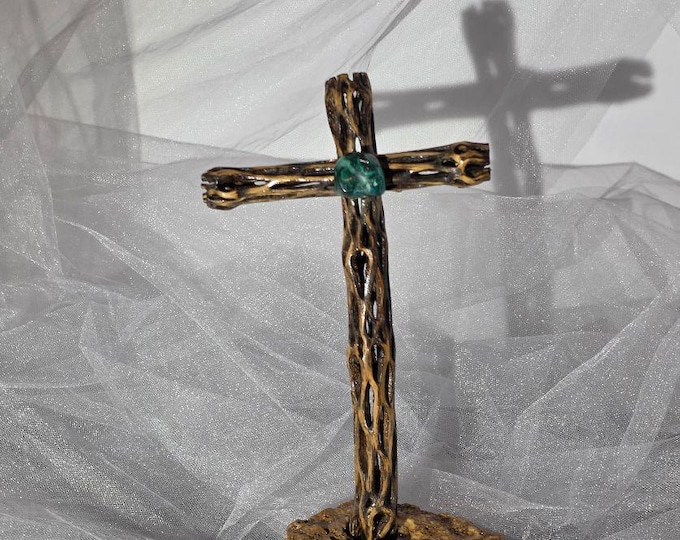 Handmade Cholla Cactus Wood Cross on Natural Stone Base – Desert Inspired Religious Art