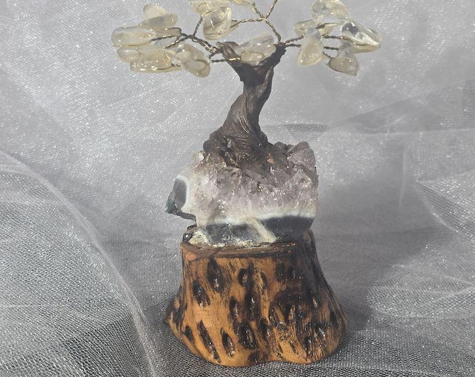 Handmade Bonsai Tree with crystals on a Natural Cholla Root Base – Desert Inspired Religious Art.