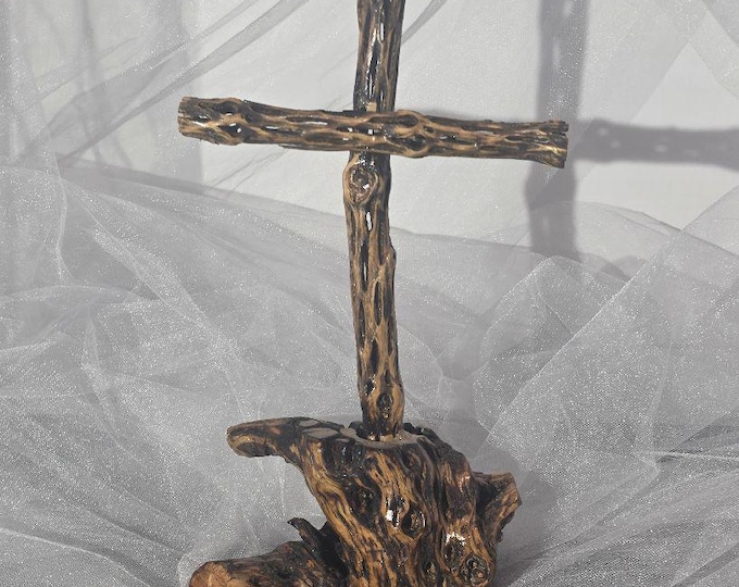 Handmade Cholla Cactus Wood Cross on Natural Cholla Root Base – Desert Inspired Religious Art