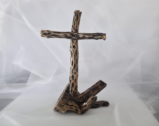 Handmade Cholla Cactus Wood Cross on Natural Cholla Root Base – Desert Inspired Religious Art