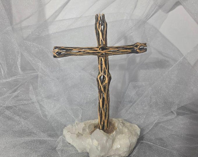 Handmade Cholla Cactus Wood Cross on Natural crystal Base – Desert Inspired Religious Art