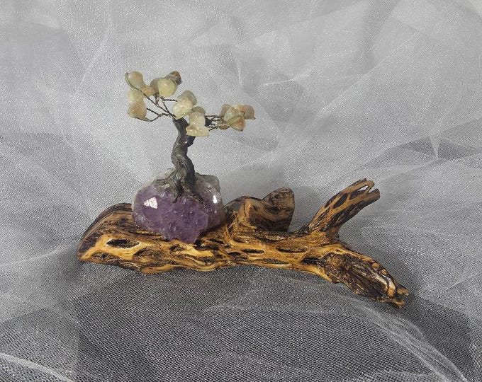 Handmade Bonsai Tree with crystals on a Natural Cholla Root Base – Desert Inspired Religious Art.