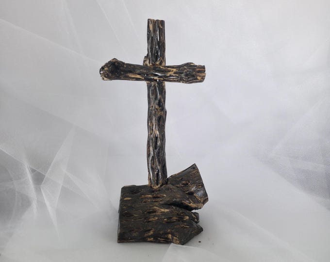 Handmade Cholla Cactus Wood Cross on Natural Cholla Root Base – Desert Inspired Religious Art