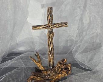 Handmade Cholla Cactus Wood Cross on Natural Cholla Root Base – Desert Inspired Religious Art