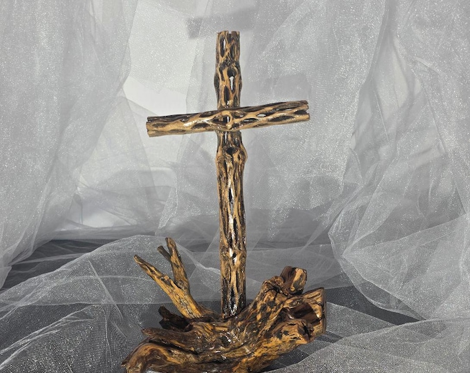 Crosses: Cholla Cactus Cross on Root or Stone Base – Desert Inspired Religious Art