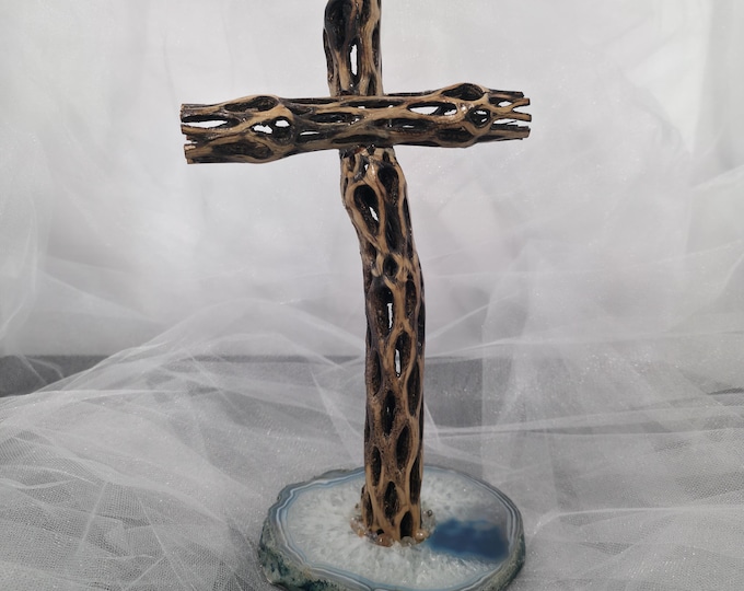 Handmade Cholla Cactus Wood Cross on Natural Agate Base – Desert Inspired Religious Art