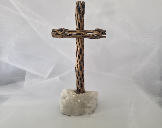 Handmade Cholla Cactus Wood Cross on Natural crystal Base – Desert Inspired Religious Art