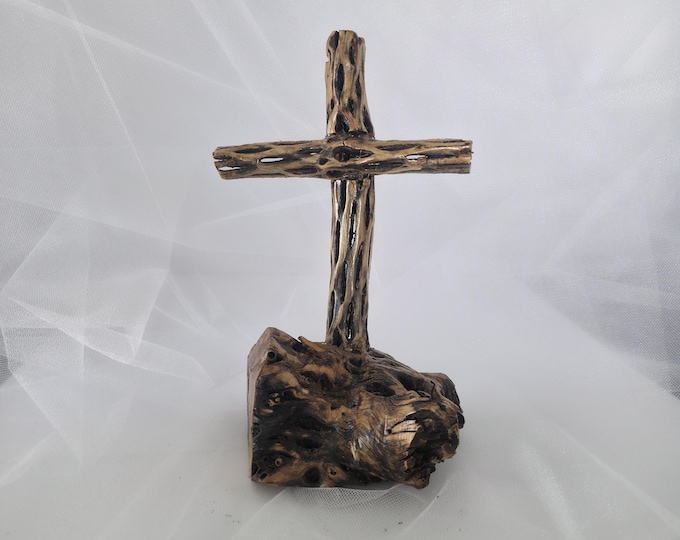 Handmade Cholla Cactus Wood Cross on Natural Cholla Root Base – Desert Inspired Religious Art