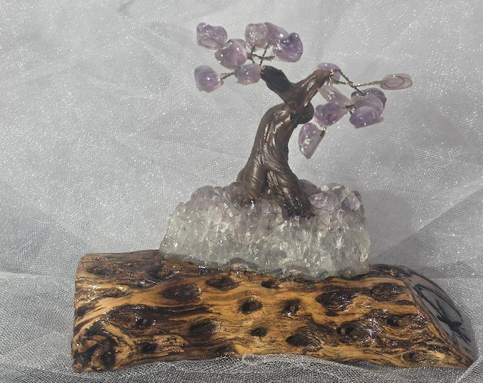 Handmade Bonsai Tree with crystals on a Natural Cholla Root Base – Desert Inspired Religious Art.