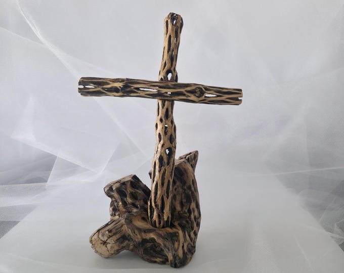 Handmade Cholla Cactus Wood Cross on Natural Cholla Root Base – Desert Inspired Religious Art