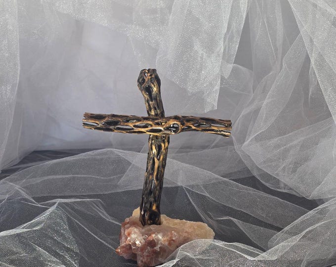 Handmade Cholla Cactus Wood Cross on Natural crystal Base – Desert Inspired Religious Art