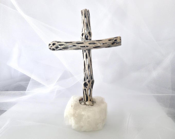 Handmade Cholla Cactus Wood Cross on Natural crystal Base – Desert Inspired Religious Art
