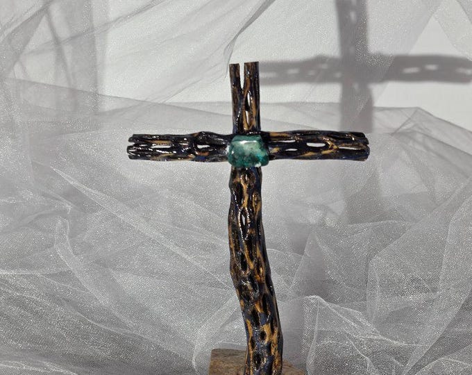 Handmade Cholla Cactus Wood Cross on Natural Stone Base – Desert Inspired Religious Art