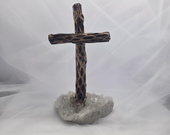 Handmade Cholla Cactus Wood Cross on Natural crystal Base – Desert Inspired Religious Art