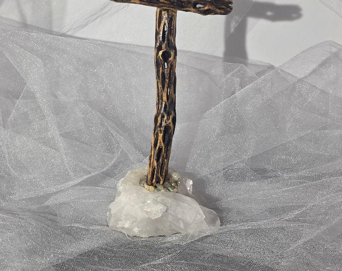 Handmade Cholla Cactus Wood Cross on Natural crystal Base – Desert Inspired Religious Art