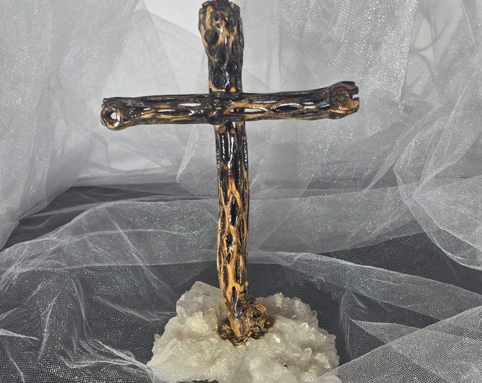 Handmade Cholla Cactus Wood Cross on Natural crystal Base – Desert Inspired Religious Art
