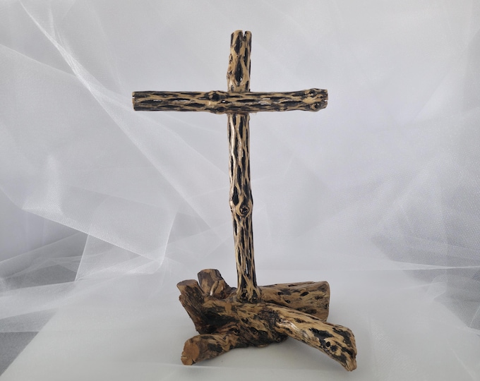 Handmade Cholla Cactus Wood Cross on Natural Cholla Root Base – Desert Inspired Religious Art