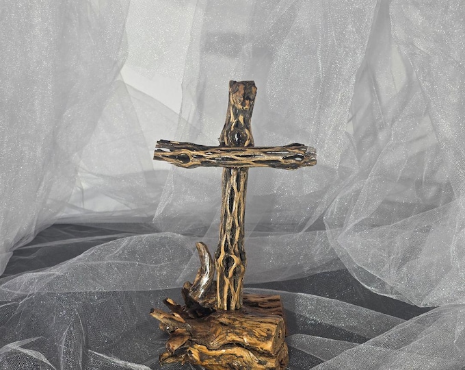 Handmade Cholla Cactus Wood Cross on Natural Cholla Root Base – Desert Inspired Religious Art