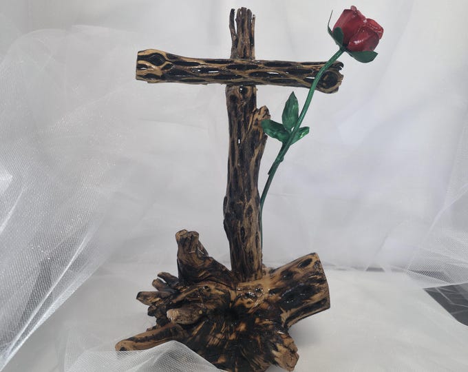 Handmade Cholla Cactus Wood Cross on Natural Cholla Root Base – Desert Inspired Religious Art