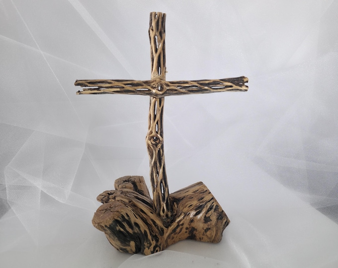 Handmade Cholla Cactus Wood Cross on Natural Cholla Root Base – Desert Inspired Religious Art