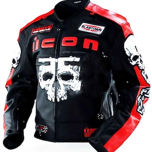 May include: Black leather jacket with red accents and a skull graphic. The jacket features the word "ICON" in red, along with the number "35" and skull designs on the sleeves. The jacket has a classic motorcycle style.