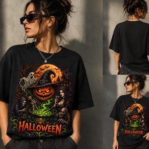 Peut inclure: Un t-shirt noir à manches courtes avec un motif graphique d'Halloween coloré. Le dessin représente une citrouille lumineuse avec un chapeau de sorcière, un fantôme, un chaudron de liquide vert, un squelette et un personnage encapuchonné. Le mot HALLOWEEN est écrit en orange.